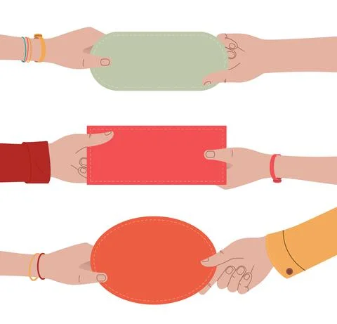 Many different hands hold speech bubbles. Uniting to support a common case Stock Illustration