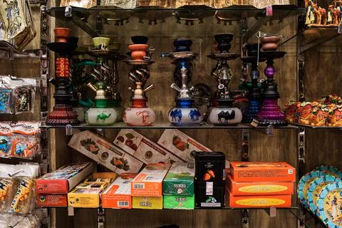 Many different hookahs in oriental store Stock Photos