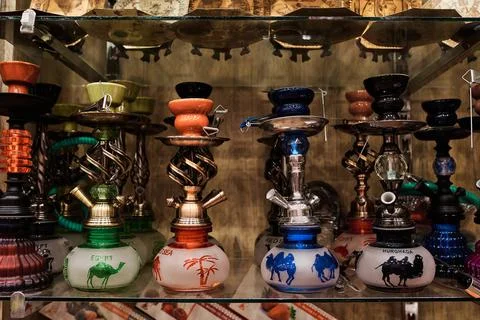 Many different hookahs in oriental store Stock Photos