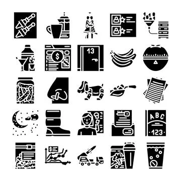 Many different life objects glyph collection Illustrazione stock