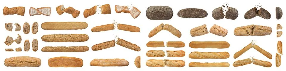 Many different loaves of bread, different varieties and shapes isolated on a Foto stock