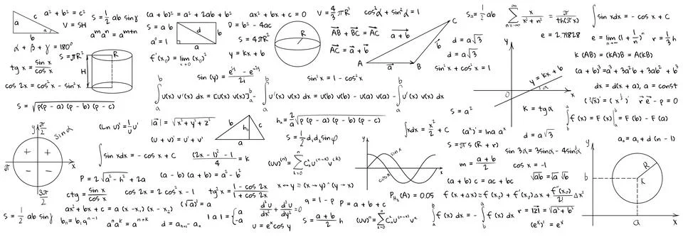 Many different math formulas on white background, illustration. Algebra and G Stock Illustration