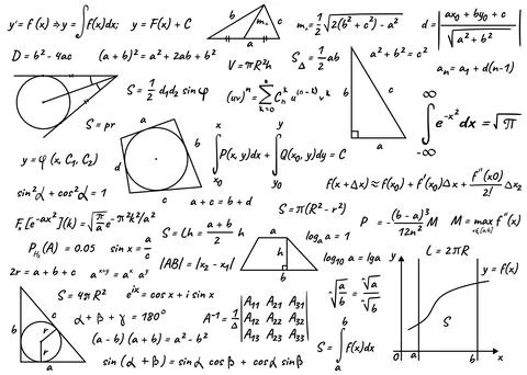 Many different math formulas on white background, illustration. Algebra and G Stock Illustration