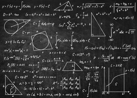 Many different math formulas written on blackboard. Algebra and Geometry Stock Illustration
