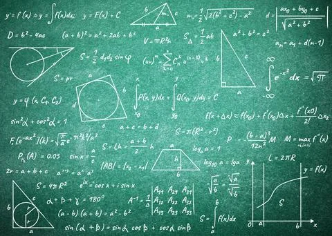 Many different math formulas written on chalkboard. Algebra and Geometry Stock Illustration