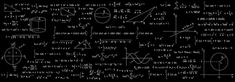 Many different math formulas written on blackboard. Algebra and Geometry Stock Illustration