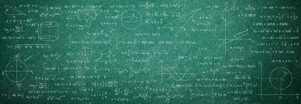 Many different math formulas written on chalkboard. Algebra and Geometry Stock Illustration