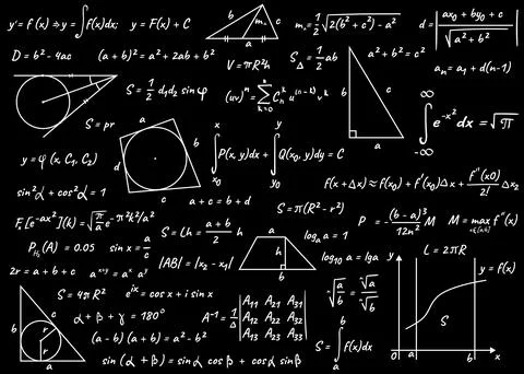 Many different math formulas written on blackboard. Algebra and Geometry Stock Illustration