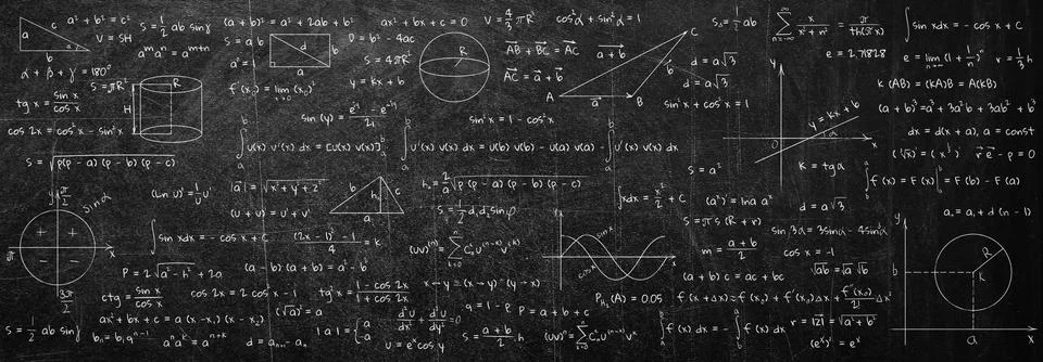 Many different math formulas written on blackboard. Algebra and Geometry Stock Illustration