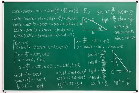 Many different math formulas written on green chalkboard Stock Photos