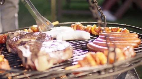 Many different meats and preparations on a grill over a campfire 4K ProRes Video stock 118888434