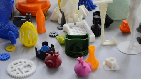 Many different models printed 3D printer variety of objects created 3D printer Stock Footage 328717721