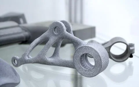 Many different models printed on 3D printer. Gray objects printed on 3D printer Foto stock