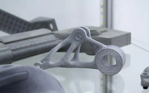 Many different models printed on 3D printer. Gray objects printed on 3D printer Stock Photos