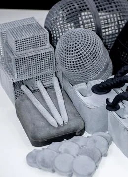 Many different models printed on 3D printer. Gray and black objects printed Stock Photos