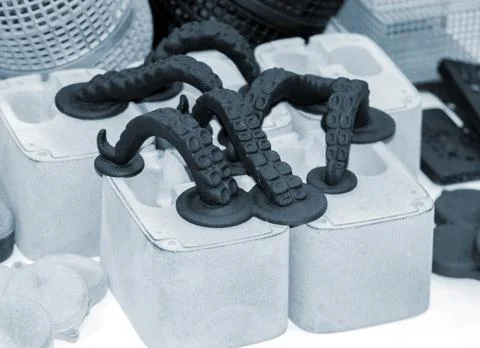 Many different models printed on 3D printer. Gray and black objects printed Stock Photos