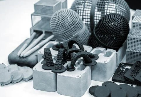 Many different models printed on 3D printer. Gray and black objects printed Foto stock