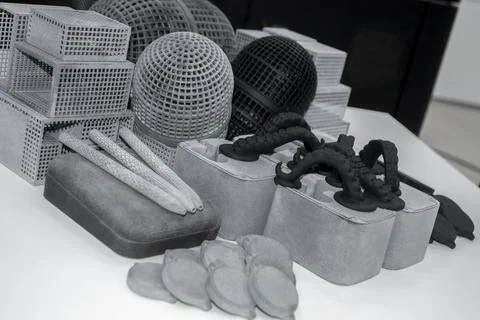Many different models printed on 3D printer. Gray and black objects printed Stock Photos