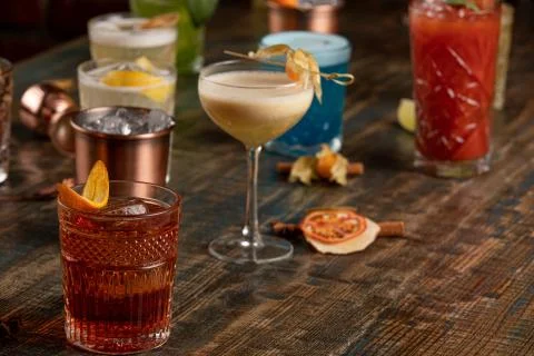Many different multi-colored cocktails with different colors Stock Photos