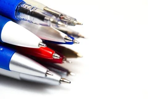 Many different multi-colored pens isolated on white background Stock Photos