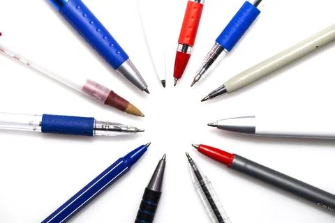 Many different multi-colored pens isolated on white background Stock Photos