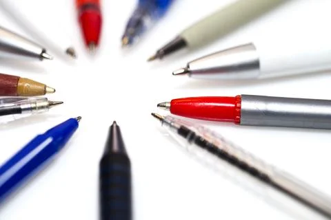 Many different multi-colored pens isolated on white background Stock Photos