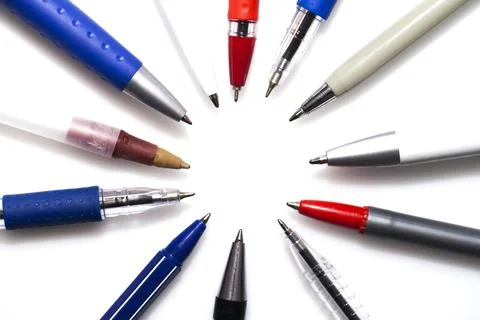 Many different multi-colored pens isolated on white background Stock-Fotos