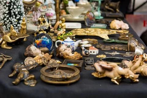 Many different objects being sold on local flea market. Stock Photos
