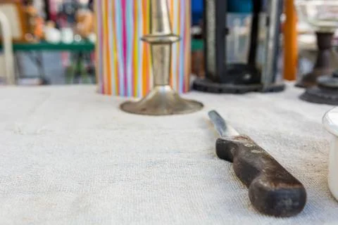 Many different objects being sold on local flea market. Stock Photos