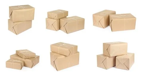 Many different parcels isolated on white, set Stock Photos