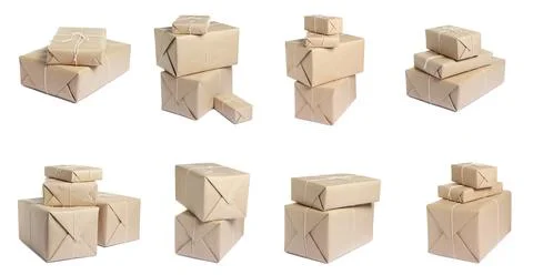 Many different parcels isolated on white, set Stock Photos