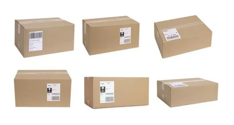 Many different parcels with shipping labels isolated on white, collage 库存照片