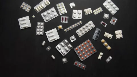 Many Different Pills, Tablets and Capsules with Medical Drugs, Vitamins and Stock Footage 177326893