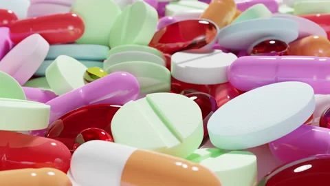 Many different preparations of tablets and capsules close-up Stock Footage 203789075