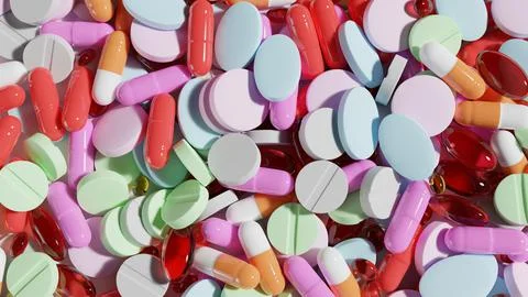 Many different preparations of tablets and capsules close-up. 3D rendering Stock Photos
