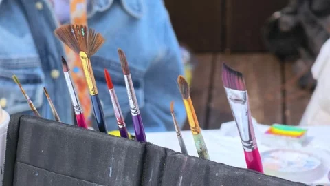Many different professional paint brushes close-up. Creative space. Stock Footage 310600925