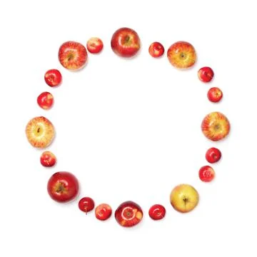 Many different size apples in the shape of circle isolated on white backgroun Stock Photos