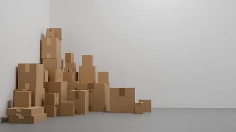 Many different sizes of cardboard boxes on the floor in a white room, maili.. Stock Illustration