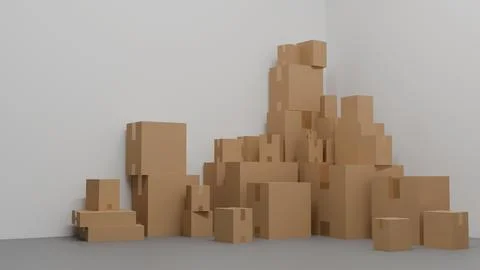 Many different sizes of cardboard boxes on the floor in a white room, maili.. Stock Illustration