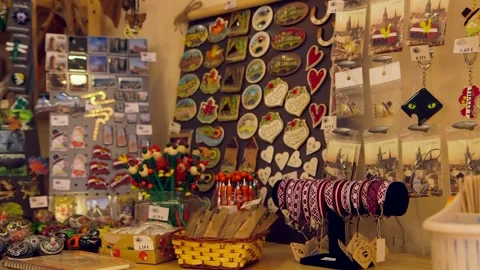 Many Different Small Souvenirs in the Gift Shop. Stock Footage 306401326