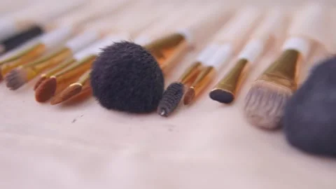 Many different special makeup brushes are on the table. Stock Footage 142135569