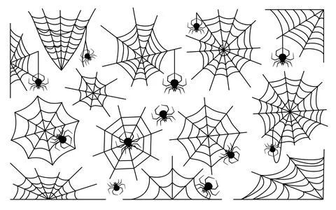 Many different spider webs with black spiders set Illustrazione stock
