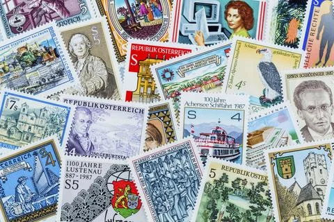 Many different stamps lying next to each other, collecting as a hobby. Studio Photos