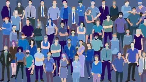 Many different standing people wearing medical masks Stock Illustration