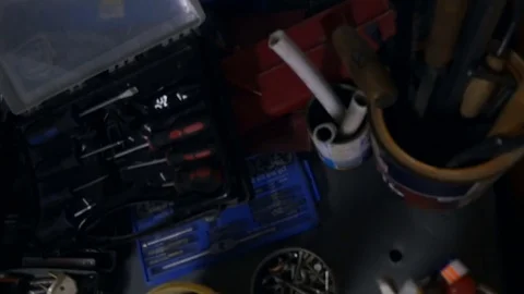 Many different tools lie on the bench 스톡 동영상 80188232