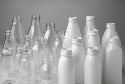 Many different transparent plastic new milk bottles Stock Photos