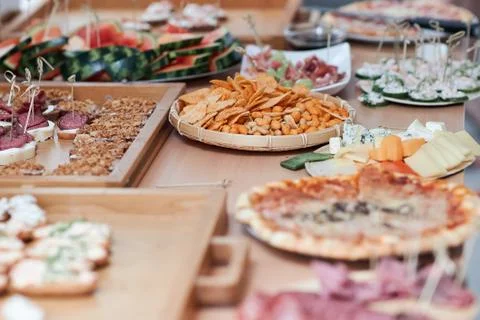 Many different types of food on a table Stock Photos