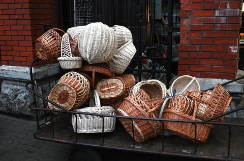 Many different wicker baskets at the store Stock Photos
