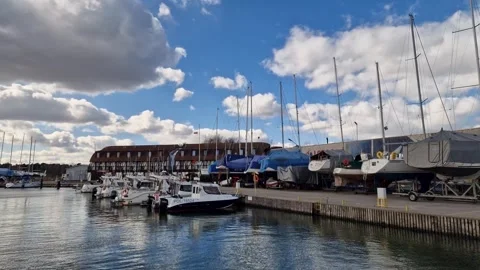 Many different yachts, catamarans moored to piers. port in Gdansk,Poland Stock Footage 297801078