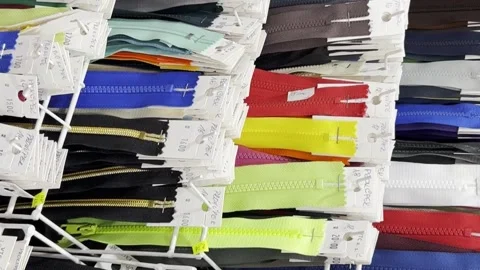 Many different zippers for clothes of different sizes and colors, zippers on Stock Footage 250112820